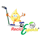 mascote em forma de gota de líquido amarelo com ferramentas de esportes ao lado do nome "Reciclesporte""