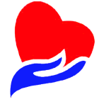 Símbolo formado por uma mão na cor azul segurando um coração levemente inclinado para a direita.