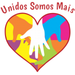 Símbolo formado por um coração colorido e mãos sobrepostas. Acima, "Unidos Somos Mais"