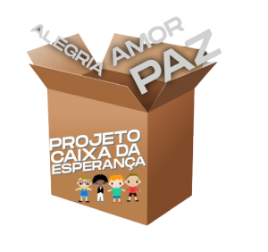 Caixa de papelão com palavras "paz", "amor" e "alegria" no interior.
